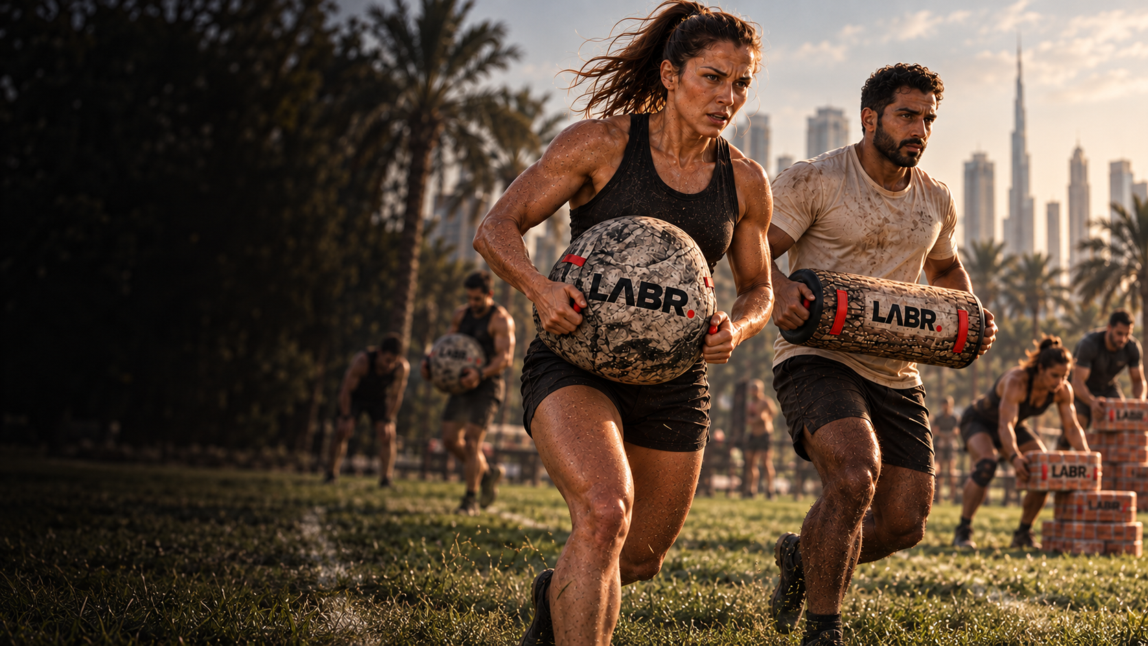LABR athletes carrying branded training equipment during an outdoor Dubai fitness challenge
