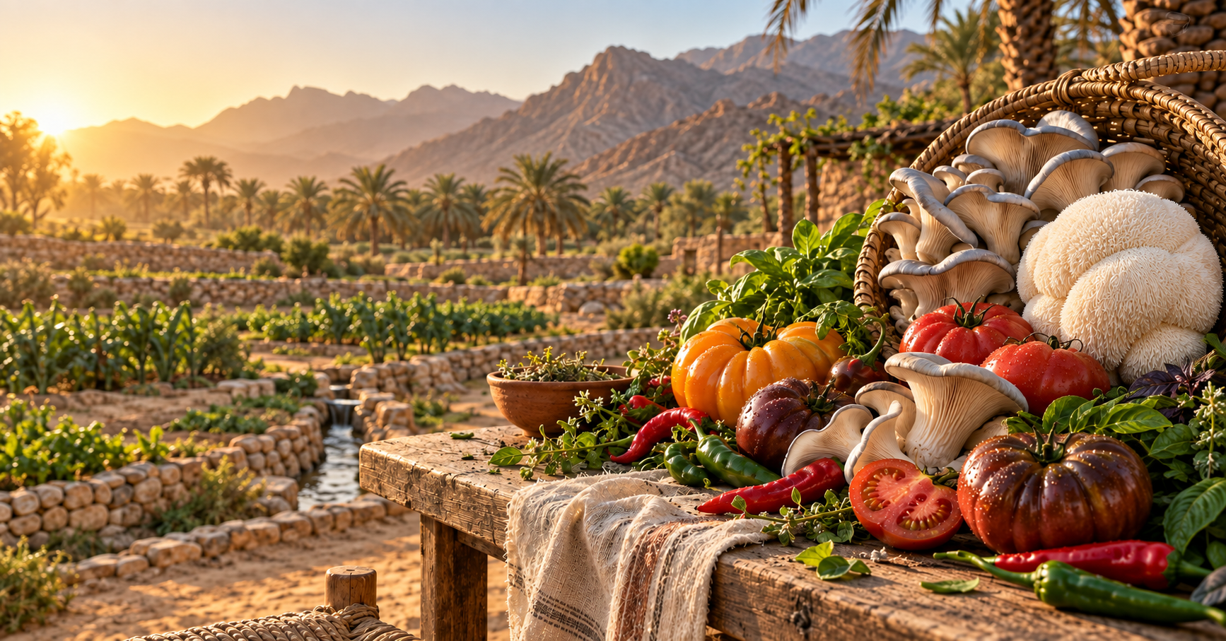 Fresh mushrooms, tomatoes, peppers and herbs displayed at a mountain farm at sunset