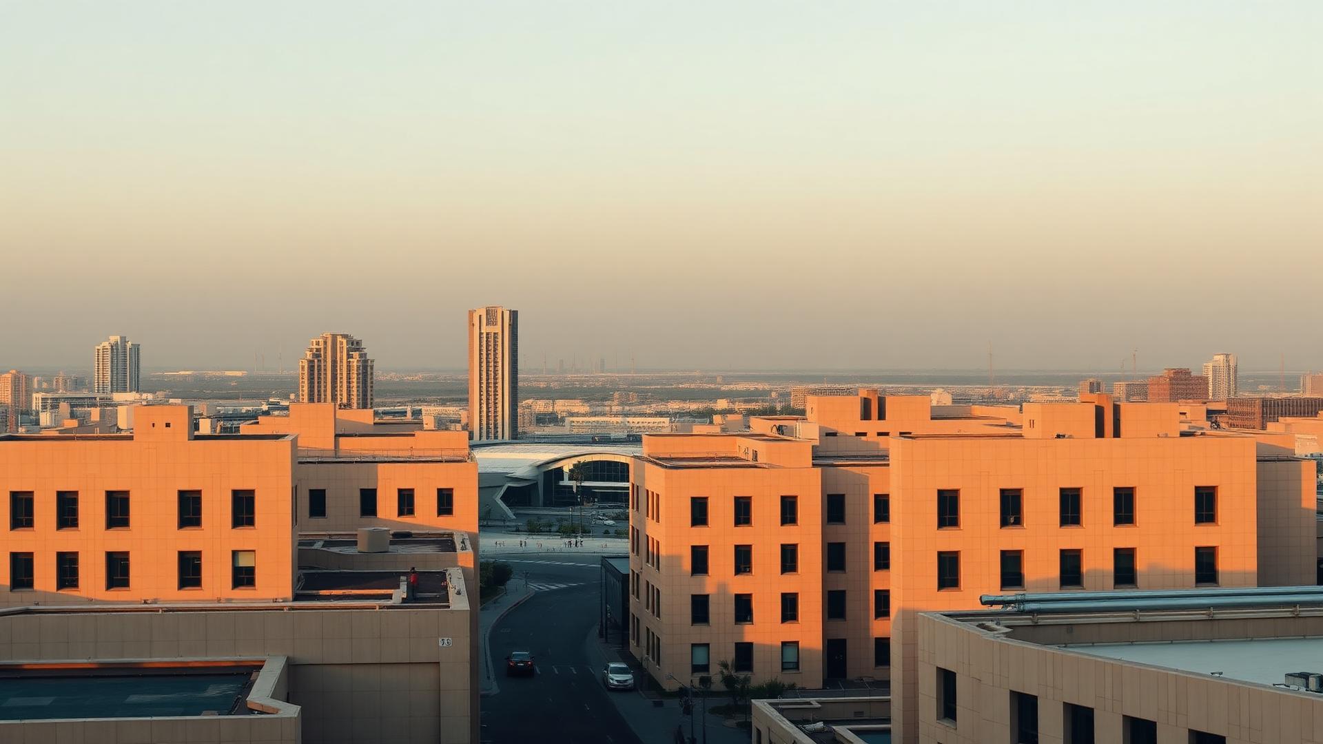 Dubai skyline in warm golden-hour haze