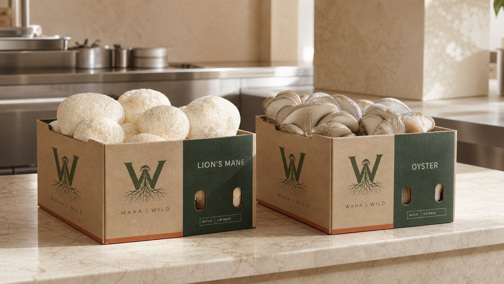 Waha & Wild lion's mane and oyster mushroom crates on a chef's counter